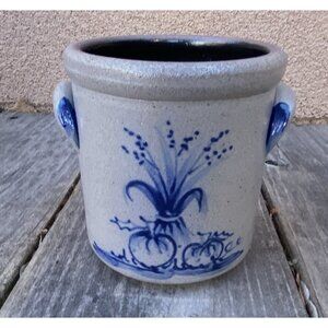 Vintage Rowe Pottery Works, Salt Glazed 4" Crock Blue Fall Harvest 2005 RFHBin6)